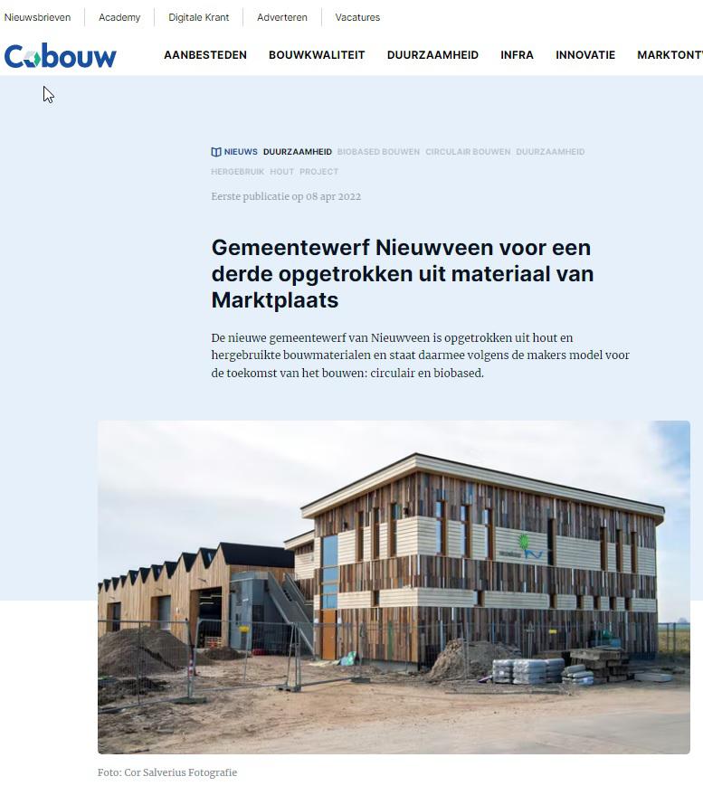 Nieuws - Artikel Cobouw 'Gemeentewerf Nieuwveen voor een derde opgetrokken uit materiaal van Marktplaats'